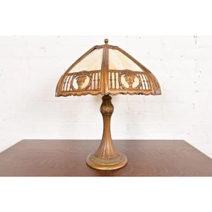 Antique Art Nouveau Slag Glass Table Lamp in the Manner of Handel, Circa 1910