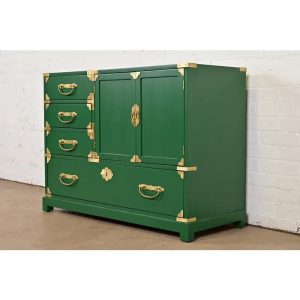 Century Furniture Hollywood Regency Chinoiserie Green Lacquered Commode or Chest of Drawers, Newly Refinished