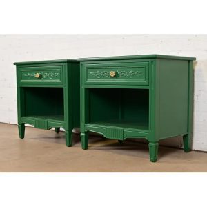 Henredon French Regency Louis XVI Green Lacquered Nightstands, Newly Refinished