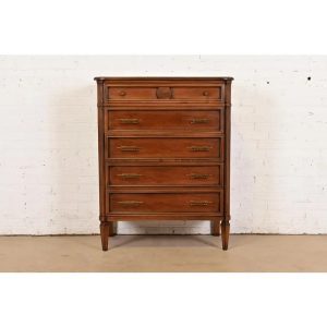 Kent Coffey French Regency Louis XVI Carved Cherry and Burl Wood Highboy Dresser, Circa 1960s