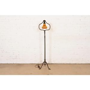 Tiffany Studios New York Bronze Harp Floor Lamp With Favrile Glass Shade