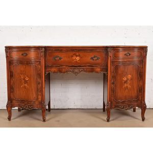 Romweber French Provincial Louis XV Carved Rosewood Inlaid Marquetry Sideboard, Circa 1920s