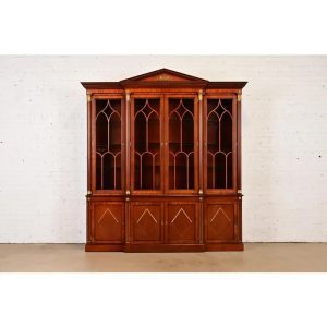 Kindel Furniture Neoclassical Carved Mahogany Breakfront Bookcase Cabinet