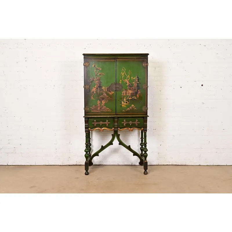 Antique Chinoiserie Jacobean Green Lacquered Hand Painted Bookcase or Bar Cabinet, Circa 1920s - Image 2