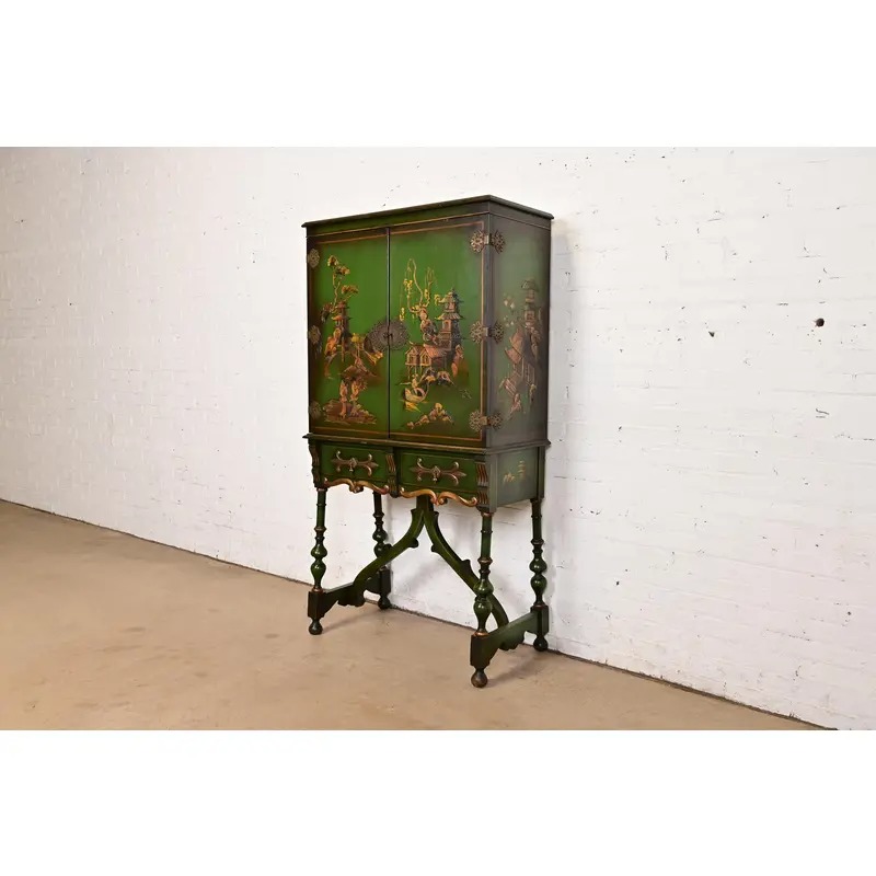 Antique Chinoiserie Jacobean Green Lacquered Hand Painted Bookcase or Bar Cabinet, Circa 1920s - Image 3