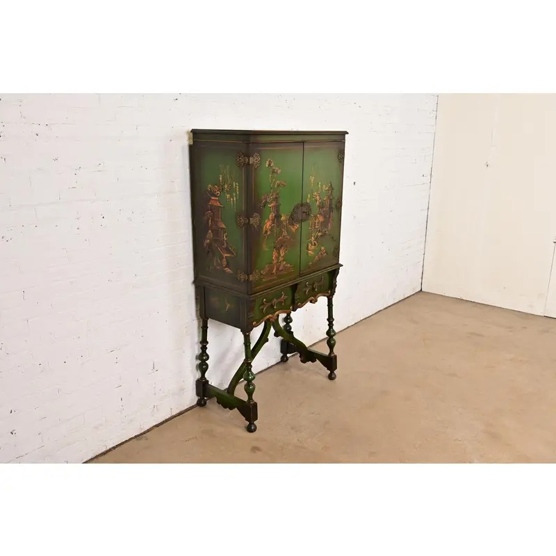 Antique Chinoiserie Jacobean Green Lacquered Hand Painted Bookcase or Bar Cabinet, Circa 1920s - Image 4
