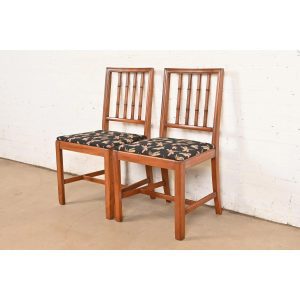 Henredon Style Regency Carved Mahogany Faux Bamboo Side Chairs or Dining Chairs, Pair