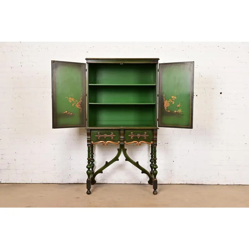 Antique Chinoiserie Jacobean Green Lacquered Hand Painted Bookcase or Bar Cabinet, Circa 1920s - Image 5