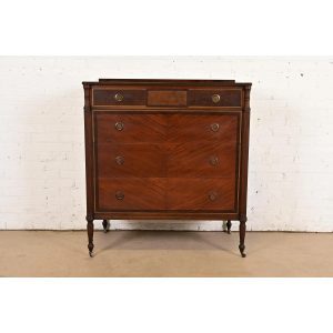 Berkey & Gay Antique French Regency Louis XVI Carved Mahogany and Burled Walnut Highboy Dresser, Circa 1920s