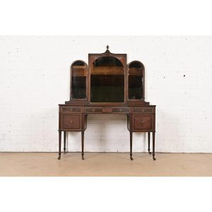 Berkey & Gay Antique French Regency Louis XVI Burled Walnut and Mahogany Vanity Dresser With Tri-Fold Mirror, Circa 1920s