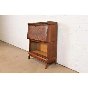 Globe Wernicke Style Antique Mission Oak Arts & Crafts Drop Front Secretary Desk With Barrister Bookcase, Circa 1900
