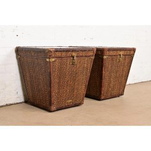 Baker Furniture Campaign Rattan and Leather Trunk Side Tables, Pair
