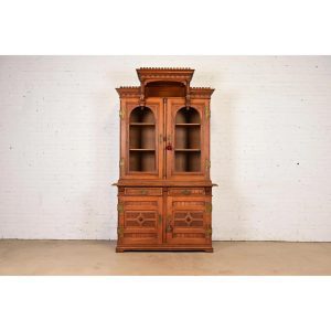 Herter Brothers Style Antique Victorian Carved Oak Breakfront Bookcase Cabinet, Circa 1880s