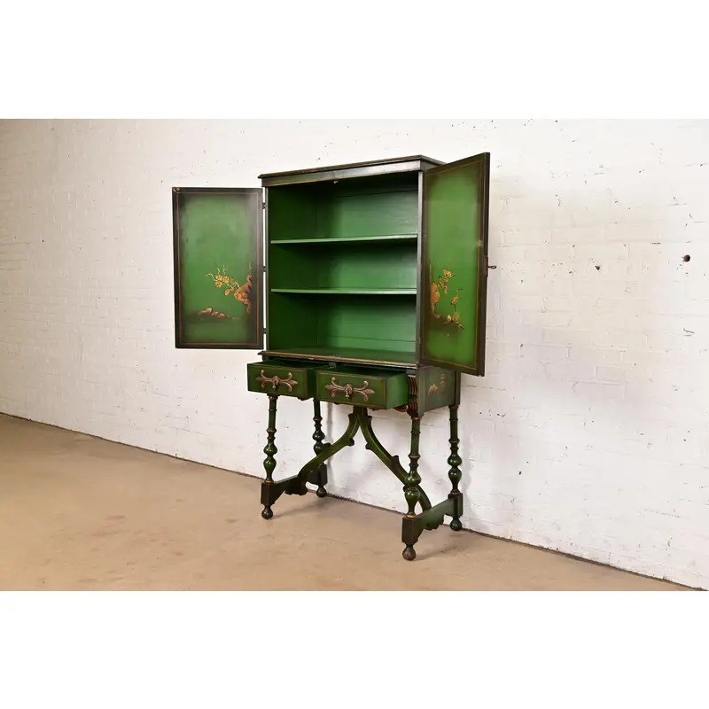 Antique Chinoiserie Jacobean Green Lacquered Hand Painted Bookcase or Bar Cabinet, Circa 1920s - Image 6