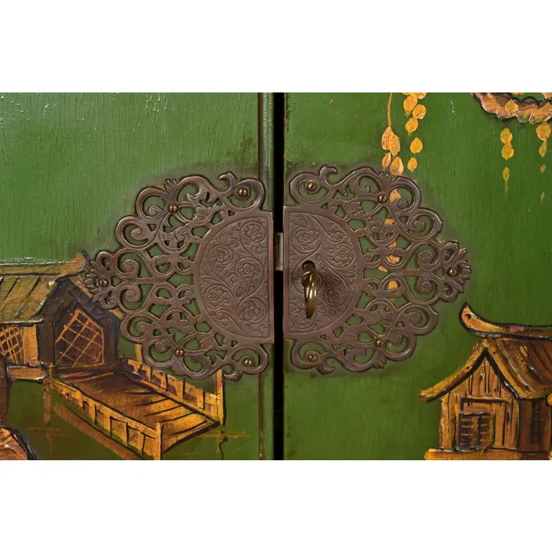 Antique Chinoiserie Jacobean Green Lacquered Hand Painted Bookcase or Bar Cabinet, Circa 1920s - Image 7