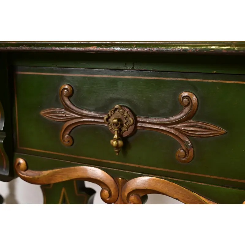 Antique Chinoiserie Jacobean Green Lacquered Hand Painted Bookcase or Bar Cabinet, Circa 1920s - Image 8