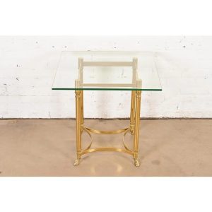 Labarge Hollywood Regency Brass and Glass Side Table With Hooved Feet, Circa 1960s