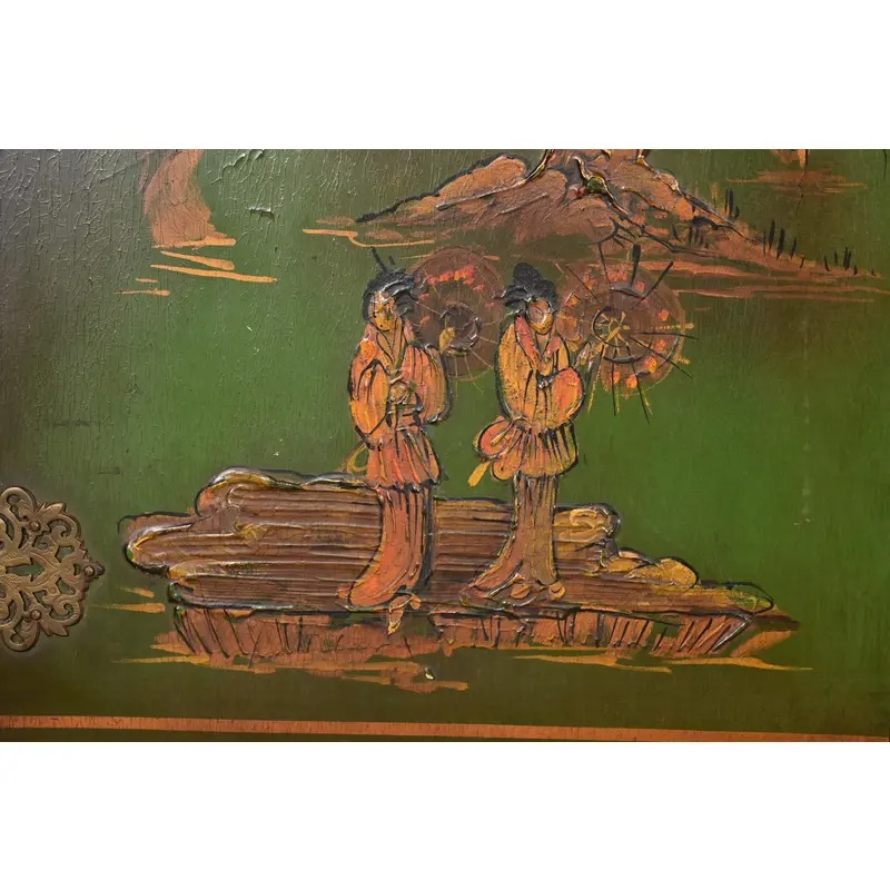 Antique Chinoiserie Jacobean Green Lacquered Hand Painted Bookcase or Bar Cabinet, Circa 1920s - Image 9