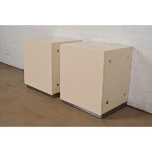 Milo Baughman for Thayer Coggin Cream Lacquer and Chrome Nightstands, Pair