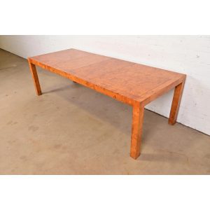 Milo Baughman Style Mid-Century Modern Burl Wood Parsons Extension Dining Table, Circa 1970s