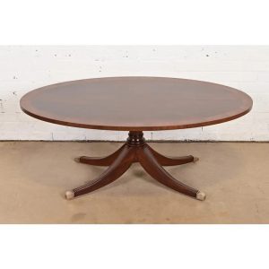Ethan Allen Regency Banded Flame Mahogany Pedestal Coffee Table, Newly Refinished