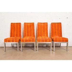 Leon Rosen for Pace Collection Mid-Century Modern Chrome and Upholstered Dining Chairs, Set of Four