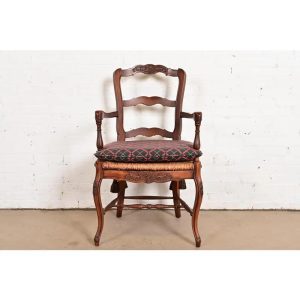Baker Furniture French Provincial Louis XV Carved Walnut Armchair or Dining Captain Chair