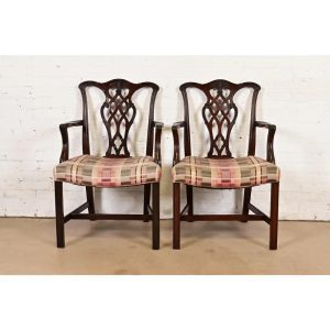 Baker Furniture Style Georgian Carved Mahogany Armchairs, Pair