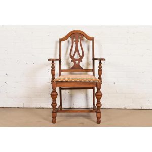 Berkey & Gay Style Antique English Jacobean Carved Walnut Armchair, Circa 1920s