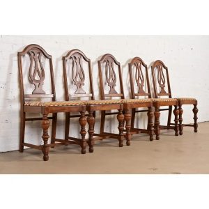 Berkey & Gay Style Antique English Jacobean Carved Walnut Dining Chairs, Set of Five