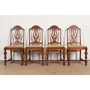 Berkey & Gay Style Antique English Jacobean Carved Walnut Dining Chairs, Set of Four