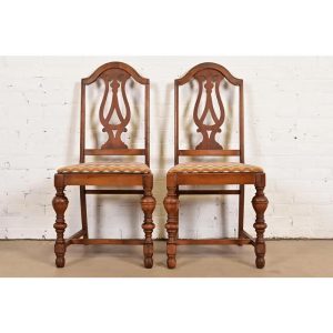 Berkey & Gay Style Antique English Jacobean Carved Walnut Side Chairs or Dining Chairs, Pair