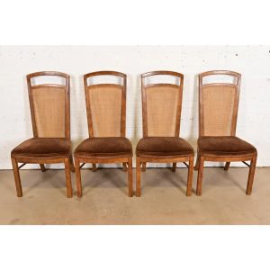 Drexel Heritage Mid-Century Modern Walnut and Cane High Back Dining Chairs, Set of Four