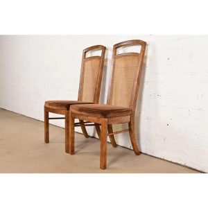 Drexel Heritage Mid-Century Modern Walnut and Cane High Back Side Chairs or Dining Chairs, Pair