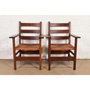 Gustav Stickley Antique Mission Oak Arts & Crafts Ladder Back Armchairs With Rush Seats, Pair
