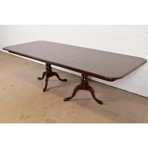 Henkel Harris Style Georgian Solid Cherry Wood Double Pedestal Extension Dining Table, Newly Refinished