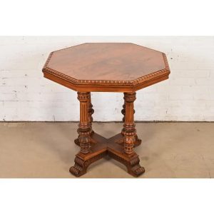 Herter Brothers Style Antique Eastlake Victorian Carved Burled Walnut Parlor Table, Circa 1880s