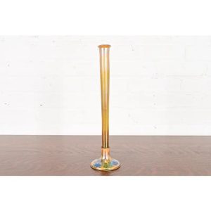 Louis Comfort Tiffany Furnaces Favrile Iridescent Art Glass Tall Bud Vase on Bronze Doré Enameled Stand, 1920s