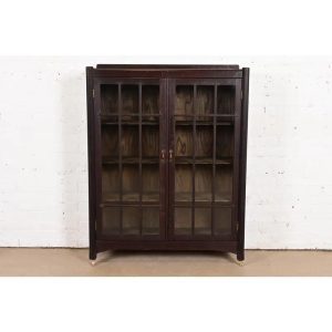 Stickley Brothers Style Antique Mission Oak Arts & Crafts Glass Front Double Bookcase Cabinet, Circa 1900