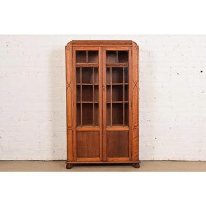 Antique English Art Deco Carved Oak Bookcase Cabinet, Circa 1920s