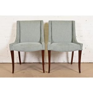 Baker Furniture Modern Regency Carved Mahogany and Upholstered Slipper Chairs or Dining Chairs, Pair