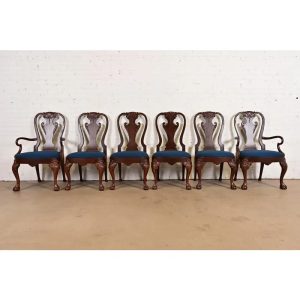 Baker Furniture Stately Homes Georgian Carved Burled Walnut Dining Chairs, Newly Refinished