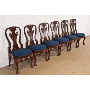 Baker Furniture Stately Homes Georgian Carved Burled Walnut Dining Chairs, Newly Refinished