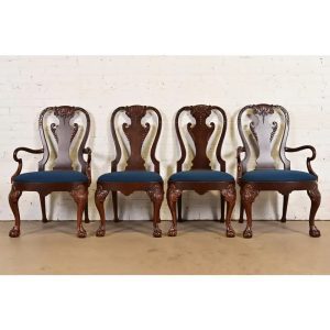 Baker Furniture Stately Homes Georgian Carved Burled Walnut Dining Chairs, Newly Refinished