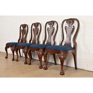 Baker Furniture Stately Homes Georgian Carved Burled Walnut Dining Chairs, Newly Refinished
