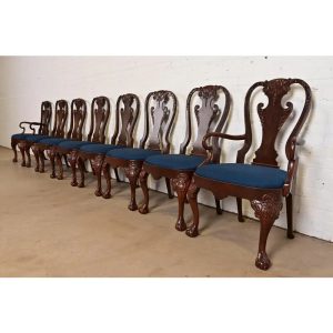 Baker Furniture Stately Homes Georgian Carved Burled Walnut Dining Chairs, Newly Refinished