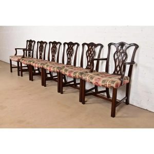 Baker Furniture Style Georgian Carved Mahogany Dining Chairs, Set of Six