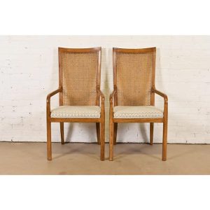 Drexel Heritage Mid-Century Modern Walnut and Cane High Back Armchairs, Pair