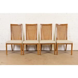 Drexel Heritage Mid-Century Modern Walnut and Cane High Back Dining Chairs, Set of Four