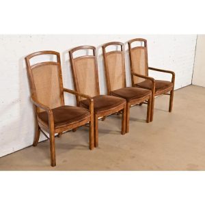 Drexel Heritage Mid-Century Modern Walnut and Cane High Back Dining Chairs, Set of Four